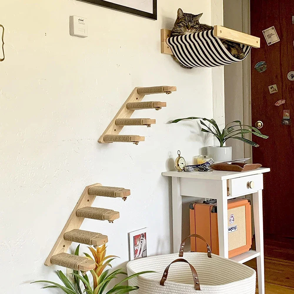 Cat Wall Climbing Shelf and Scratching Post with Hiding House - Multi-Level Pet Furniture Accessories