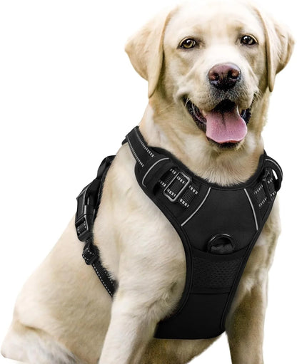 No-Pull Dog Harness with Dual Leash Clips, Adjustable Soft Padded Vest, Reflective Oxford Outdoor Vest with Control Handle for Large Dogs - Black