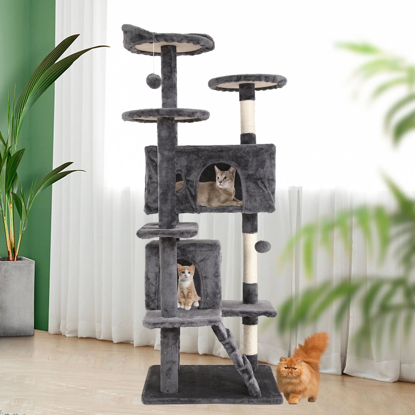 54-Inch Double Condo Cat Tree Tower with Scratching Post and Perch, Indoor Use, Light Gray