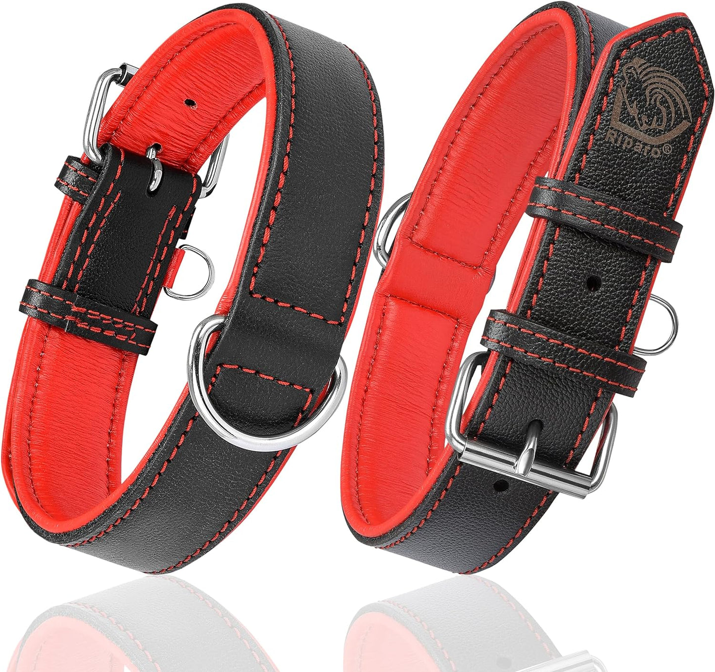 Riparo Genuine Leather Dog Collar for Medium Dogs - 1" Wide, Fits 13.5”-17.5” Neck, Black with Red Thread